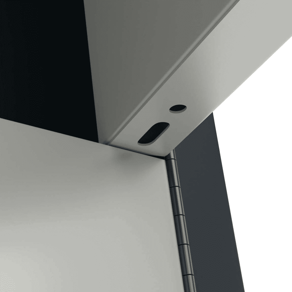 Close-up of a Dasco locker full-length integrated hinge and welded frame at the door edge