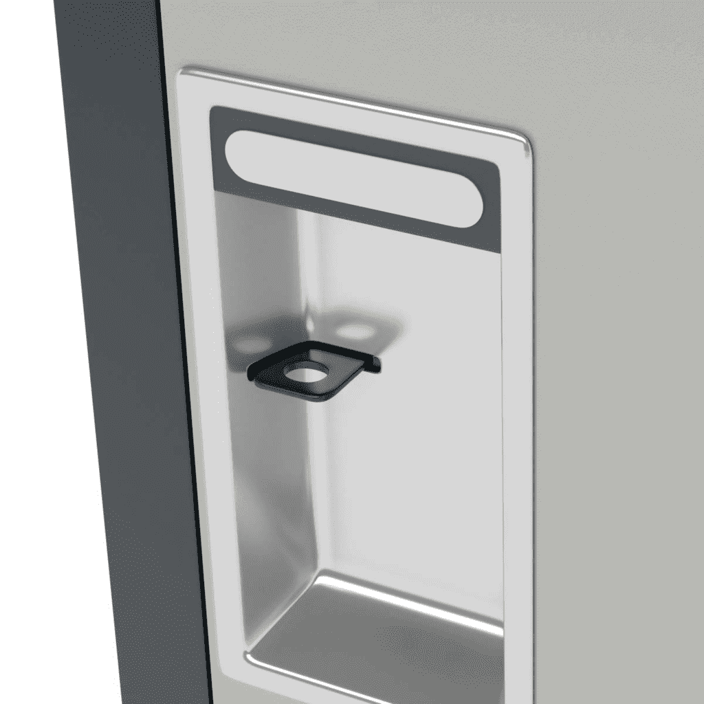 Recessed stainless steel single-point latch pocket with padlock hasp on a Dasco locker door