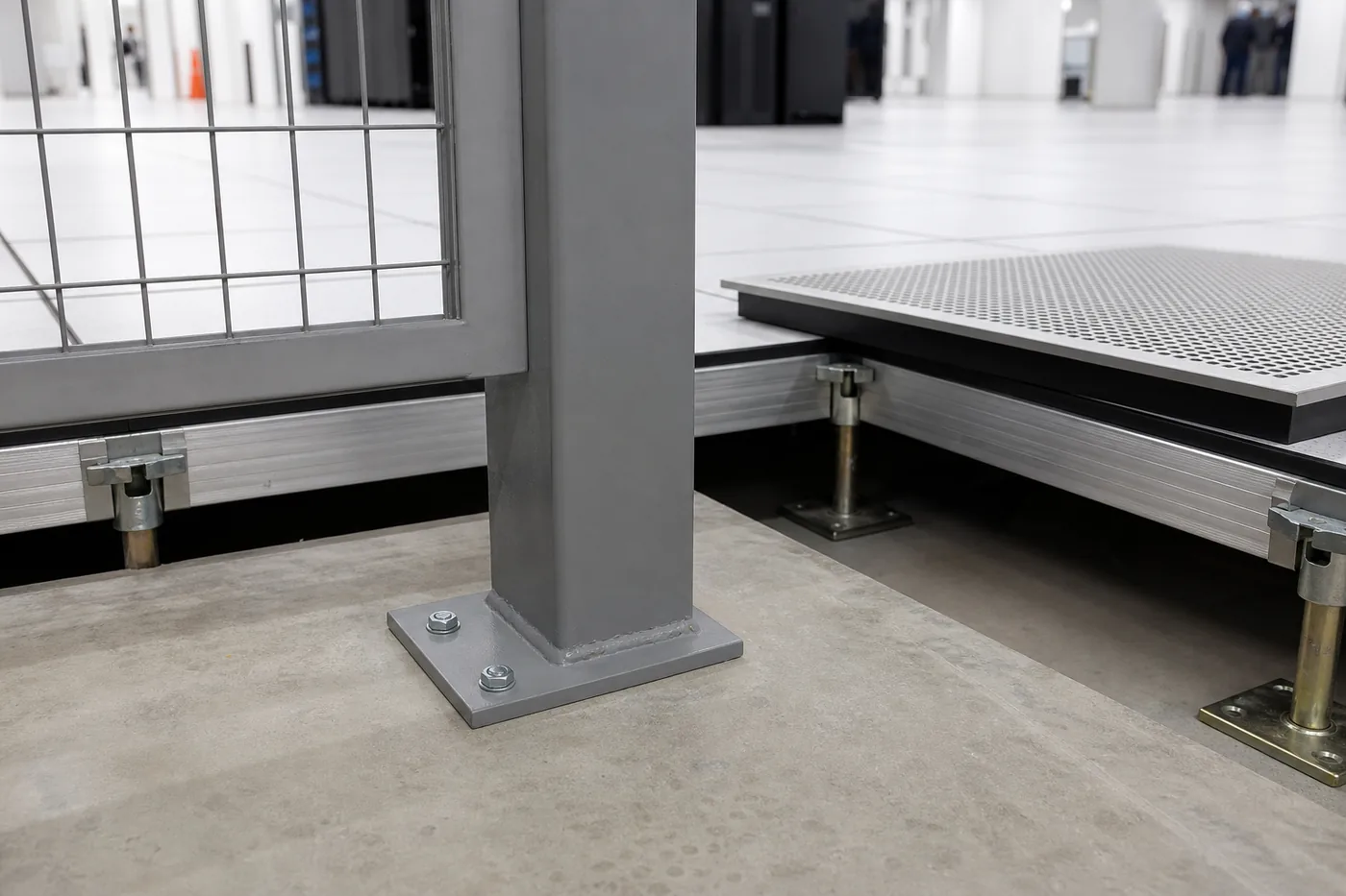 Wire mesh security cage post base plate anchored to a concrete data center slab