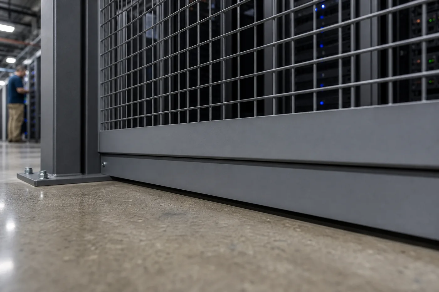 Steel filler channel closing the lower sweep space beneath a data center security cage