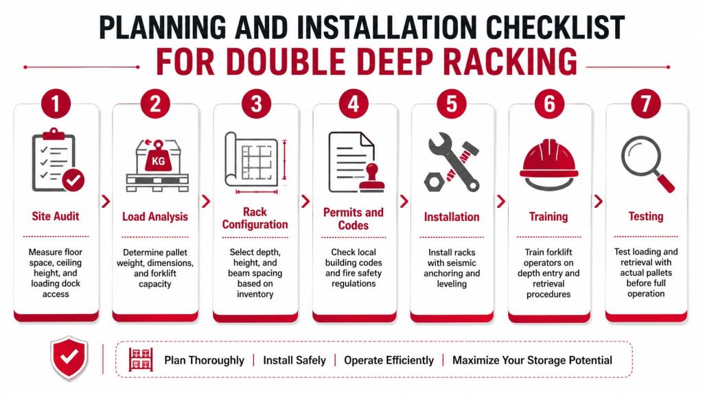A seven step planning and installation checklist infographic for double deep racking warehouse storage systems.