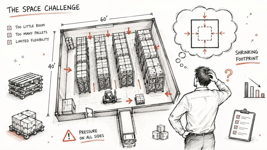 A professional warehouse manager analyzing a cramped storage layout in a facility with limited floor space.