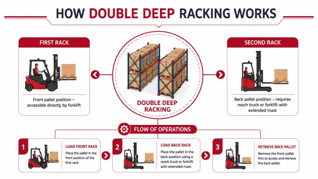 A diagram illustrating how double deep racking systems work, showing pallet loading and retrieval with forklifts.