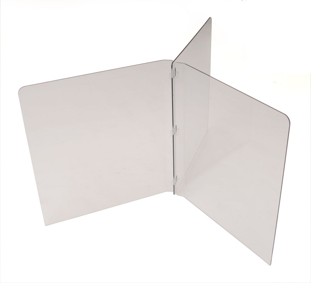 Four-way interlocking divider shield forming an X on a round cafeteria table