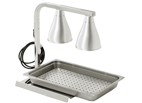 Portable infrared bulb warmer on an adjustable chrome frame for plated food