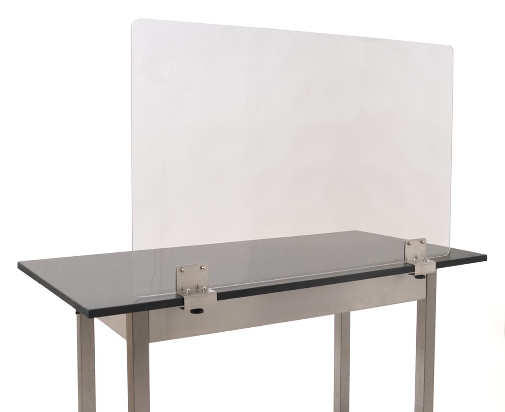 Clamp-on breath shield with overhanging clamp fastened to a serving table edge
