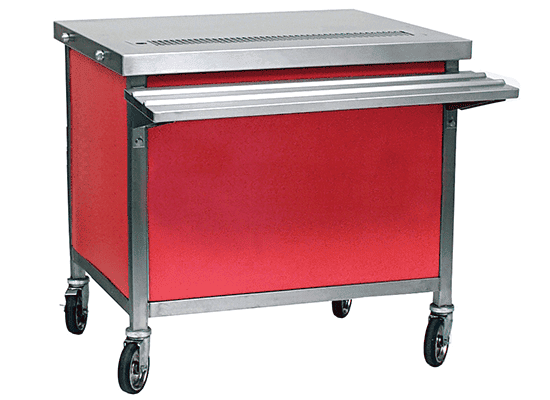 Director's Choice mobile beverage unit with sloped urn trough and louvered anti-splash cover