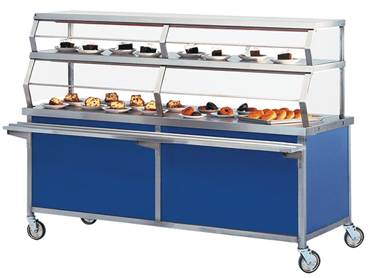 Stainless steel solid top utility cart that docks to a cafeteria serving line
