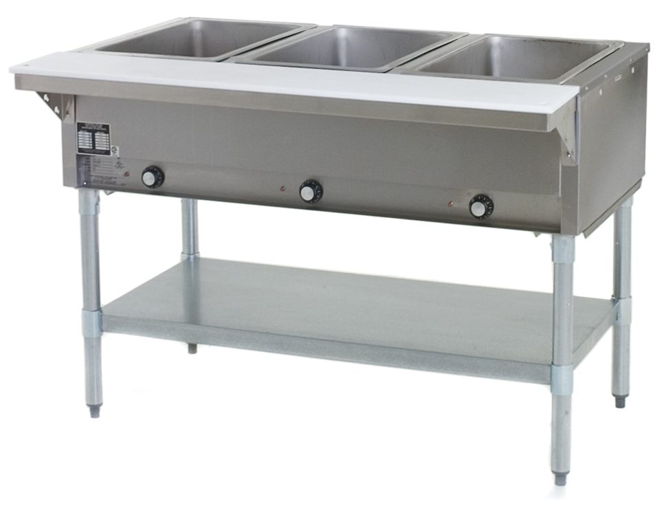 Electric hot food table with open base, adjustable undershelf and recessed infinite control panel