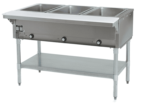Gas hot food table with open base and individual jet burners for each steam table well