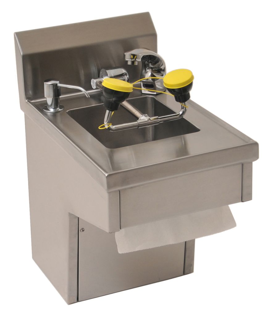 Stainless steel hand sink with eyewash attachment