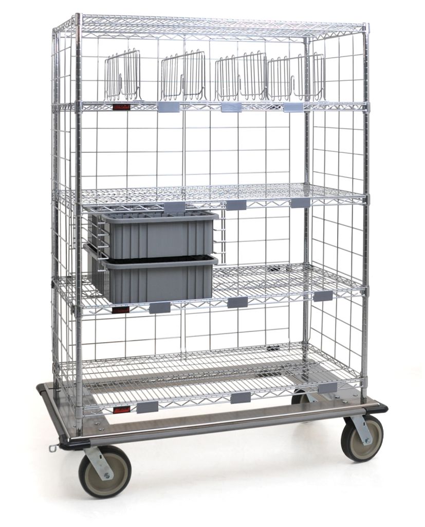 Exchange cart with dolly frame, wraparound bumper and tote boxes for hospital supply exchange