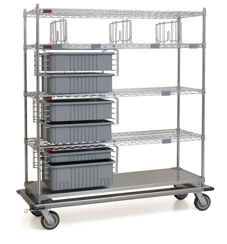 Exchange cart with three slide assemblies and six tote boxes for med-surg supply distribution