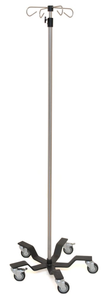 Adjustable-height IV stand with five-leg base for patient care areas