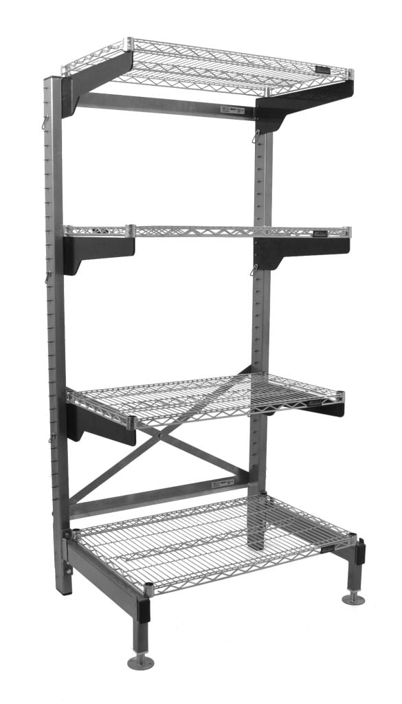 Cantilever wire shelving add-on unit for laboratory supply room walls