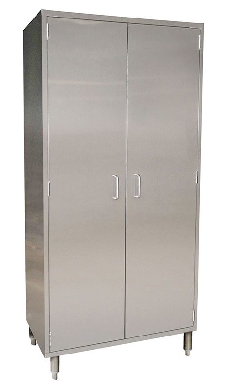 Stainless steel vertical storage cabinet with keyed locks for laboratory supplies