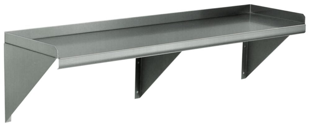 Stainless steel wall mounted shelf above a laboratory bench