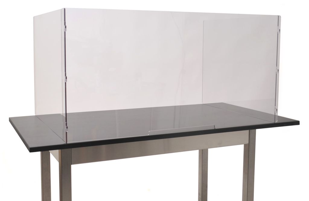 Knock-down three sided breath shield with paper pass-thru slot for a cafeteria dining table