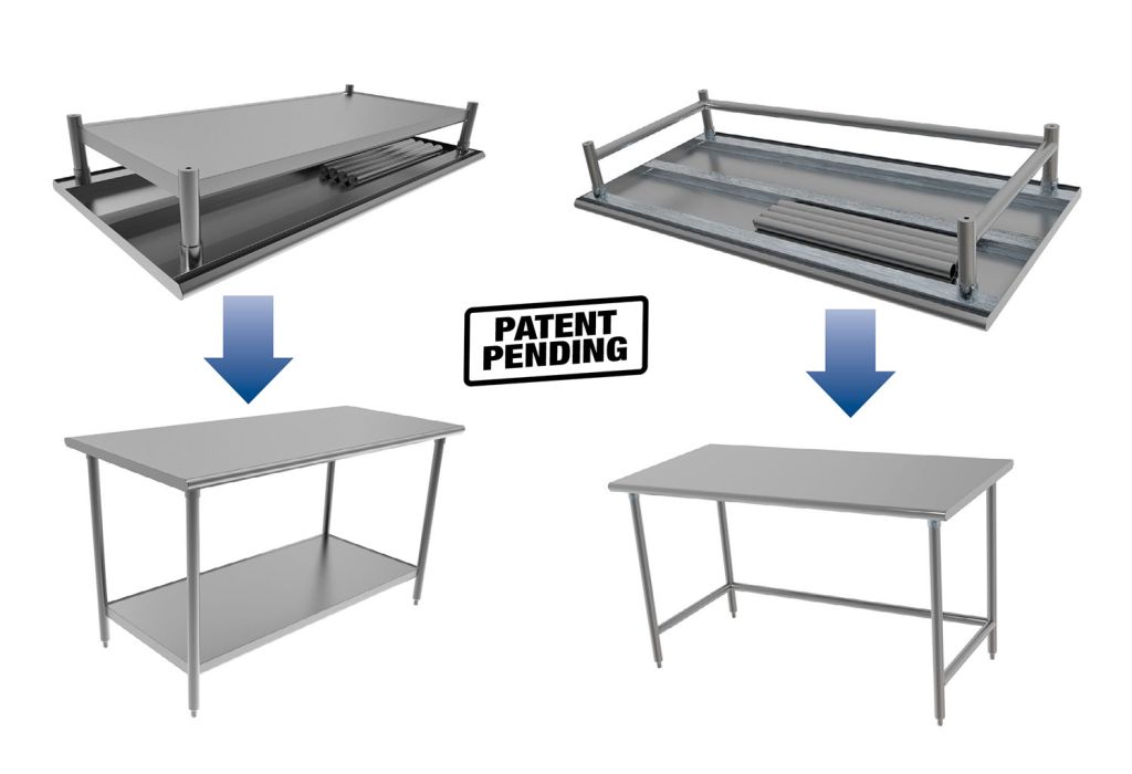 Stainless steel worktable with welded base for food plant prep and wash-down zones