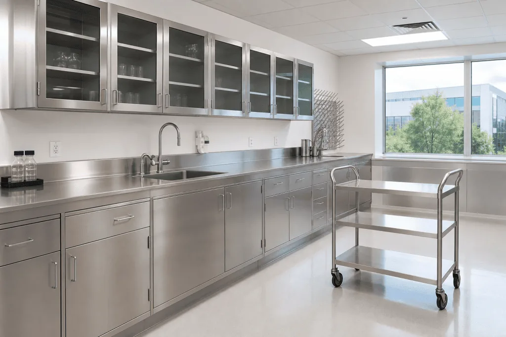 Stainless steel laboratory casework with sink, countertops and mobile worktable