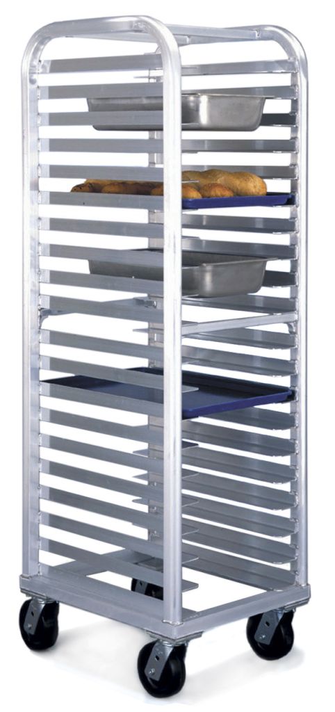 Universal pan rack accepting multiple sheet pan sizes on swivel casters