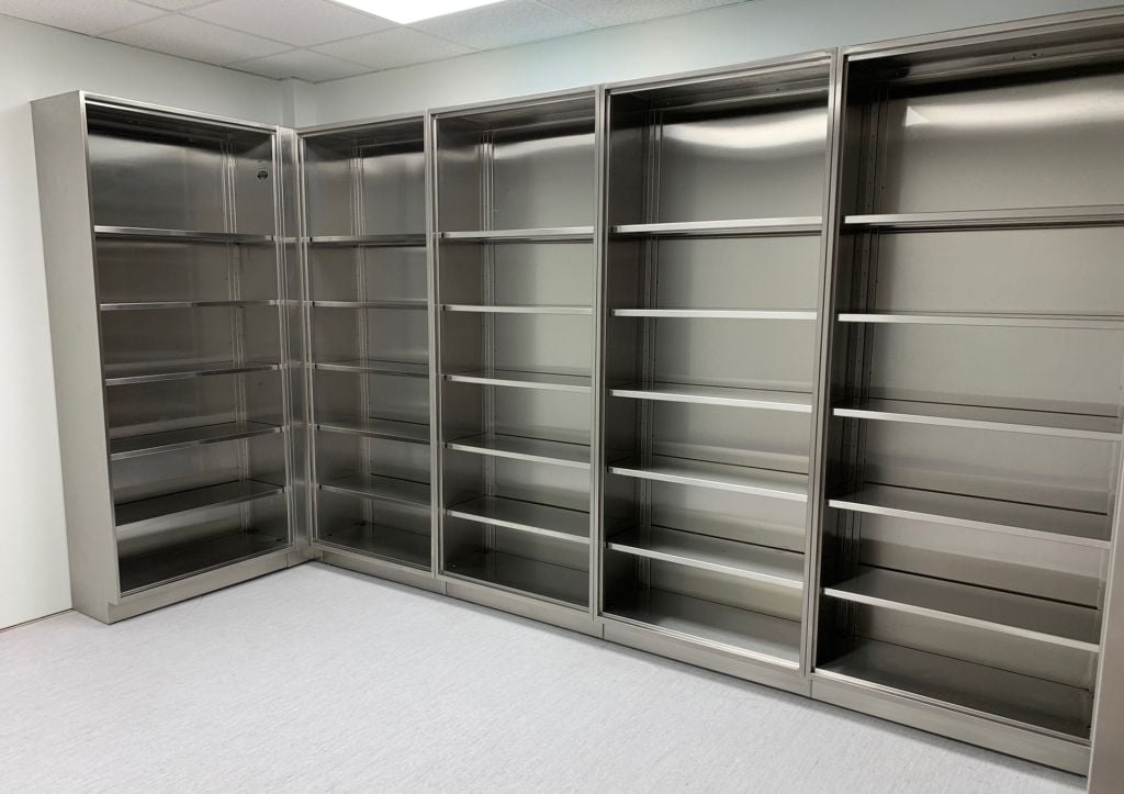 Installed stainless laboratory casework and storage in a clinical lab room