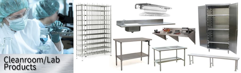 Laboratory material handling equipment including stainless casework, shelving and carts in a controlled environment