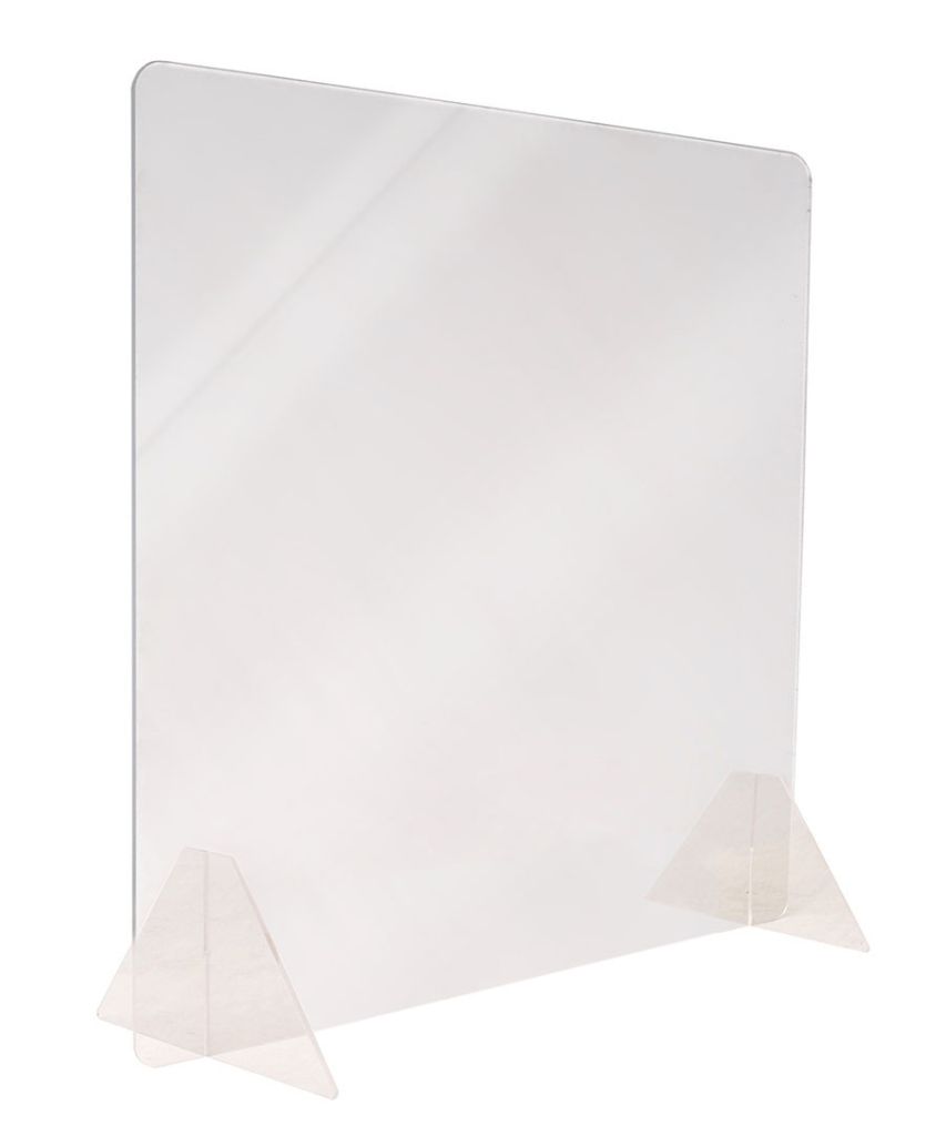 Freestanding plexiglass countertop shield with pass-through opening