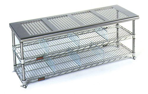 Perforated top stainless gowning bench with wire undershelf for cleanroom entry