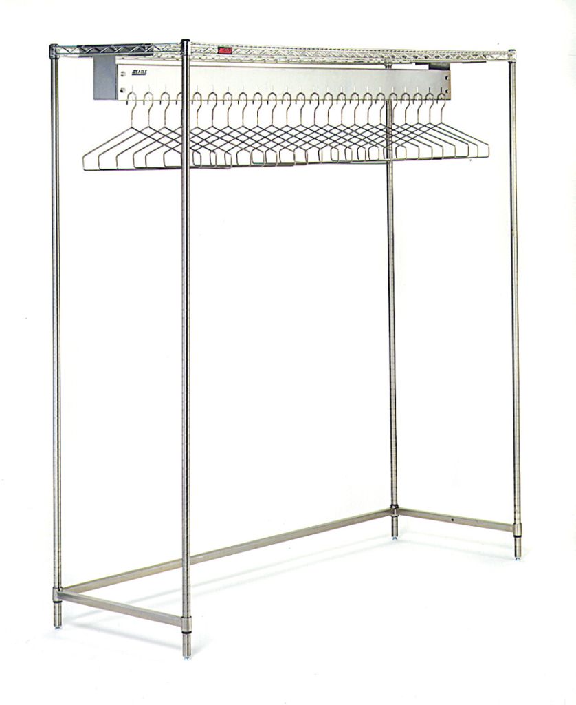 Eagle wire gowning rack with hanger slots on 2.5 inch centers