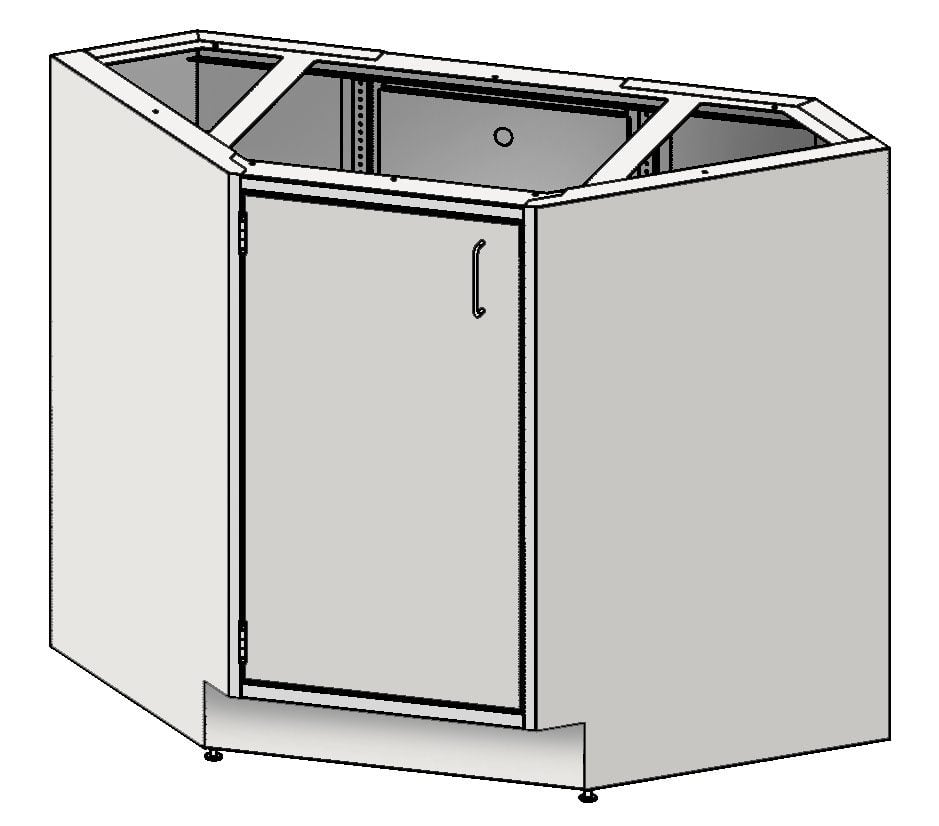 Corner base laboratory cabinet for continuous casework runs