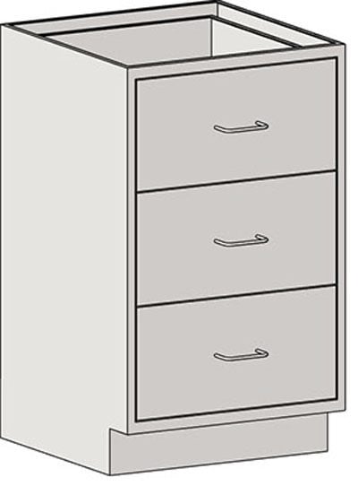 Lab base cabinet with three deep 10-inch drawers for bulk glassware storage