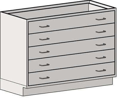Laboratory base cabinet with five 6-inch single-bank drawers in stainless steel
