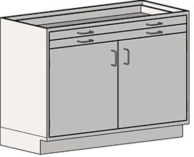 Standing height stainless base cabinet with drawers under a laboratory work surface