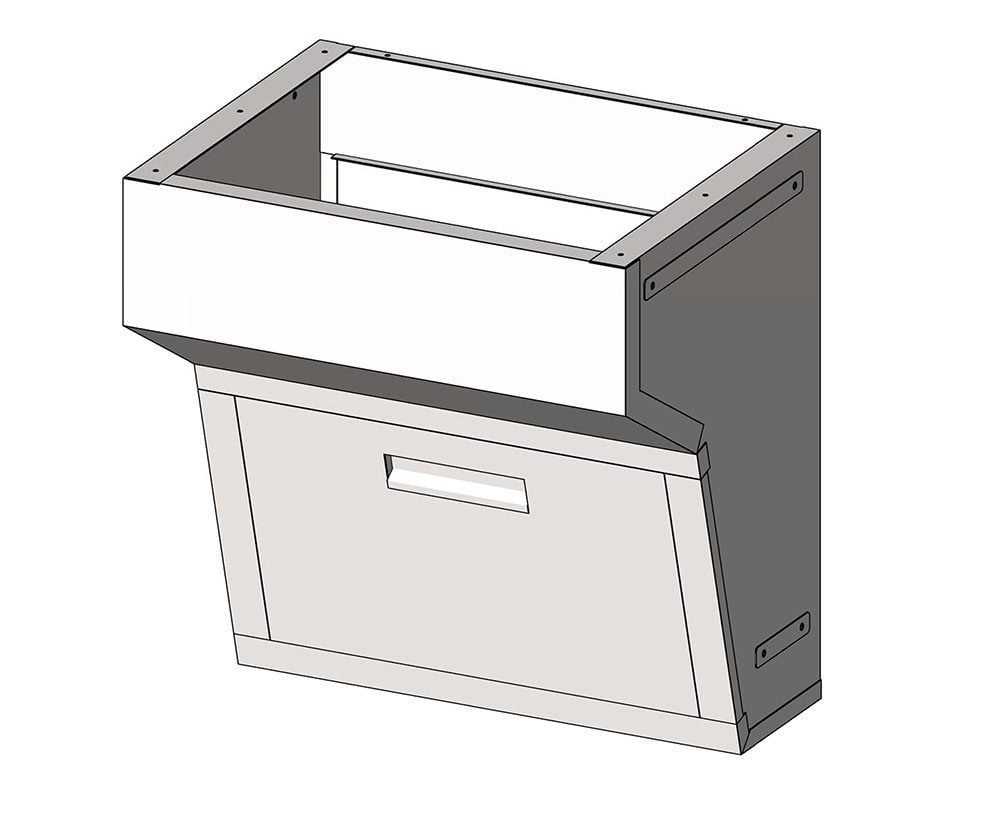 Angled sink base cabinet with removable front access panel for lab plumbing