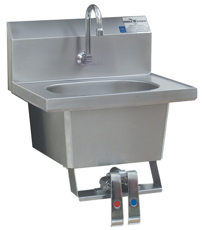 Knee-valve operated stainless hand sink for hands-free handwashing at a plant entry