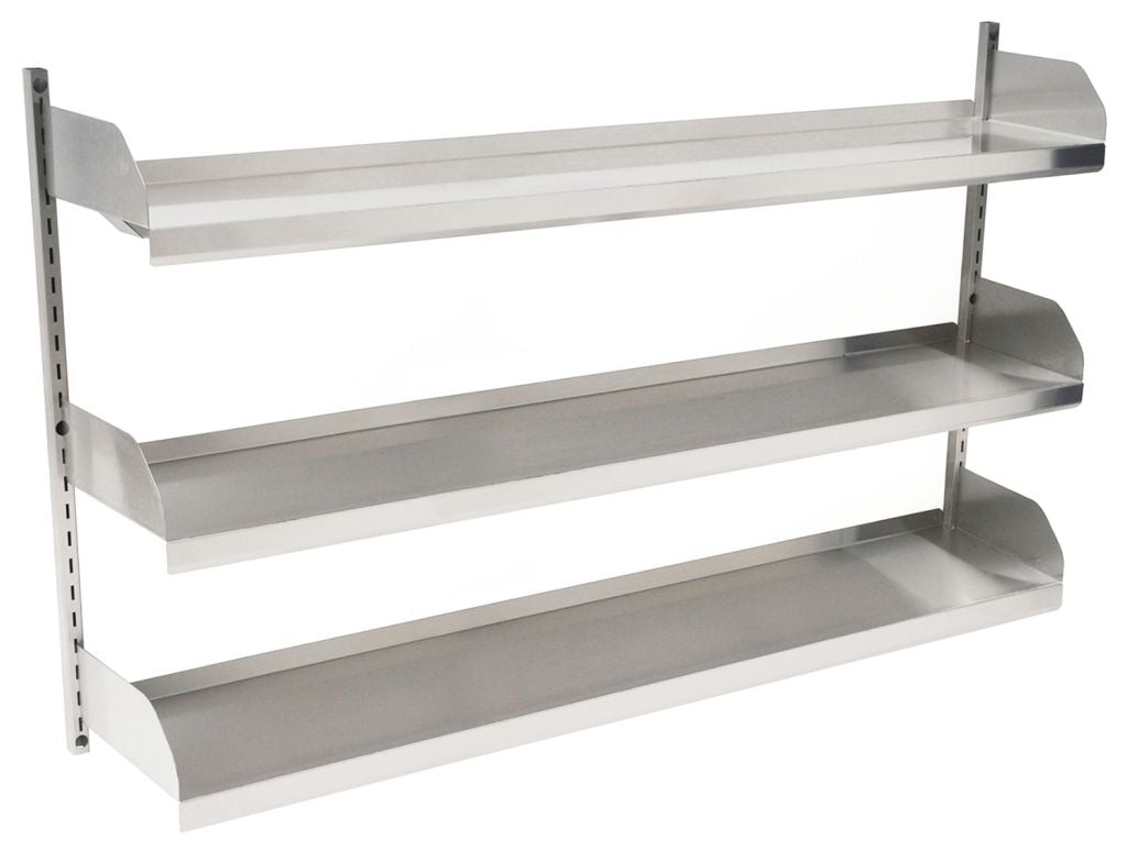 Stainless steel lab wall shelf with reinforced center hat channel and rear upturn