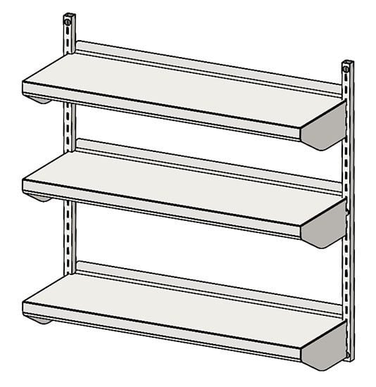 Stainless laboratory wall shelves with downturned bookends above an analytical bench