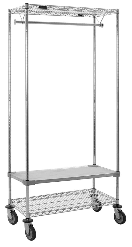 Mobile garment rack with chrome hanger bar for lab coat and gown staging