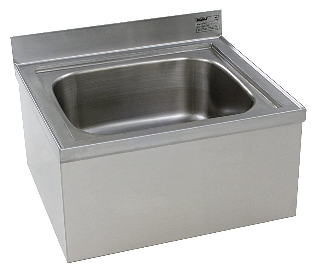 Deep-drawn coved corner stainless mop sink for plant sanitation supplies