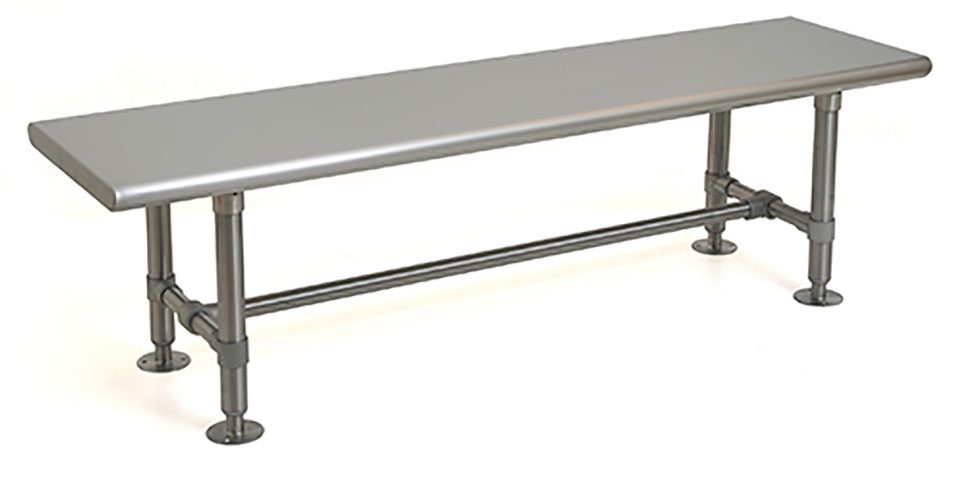 Eagle gowning bench with solid stainless seat and wire undershelf
