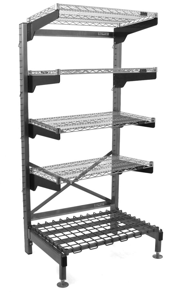 Cantilever lab shelving add-on unit with a bottom dunnage shelf