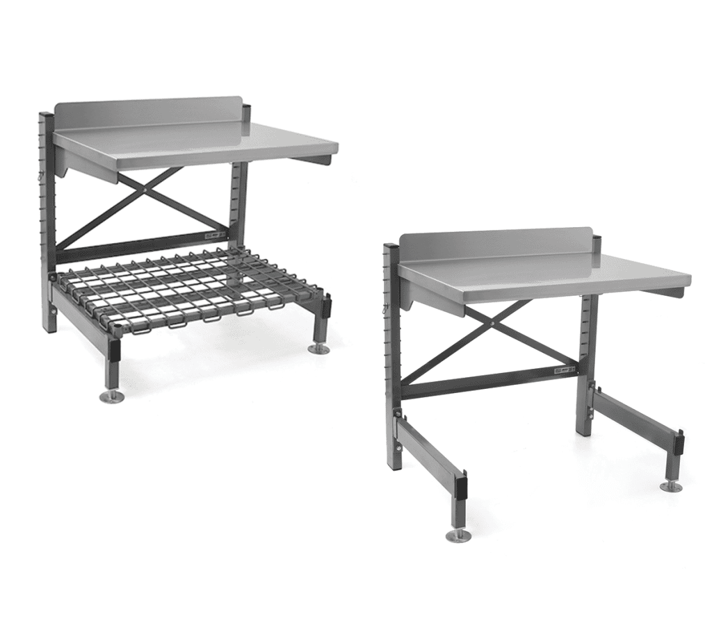 Modular lab workstation with removable stainless top and epoxy storage shelf