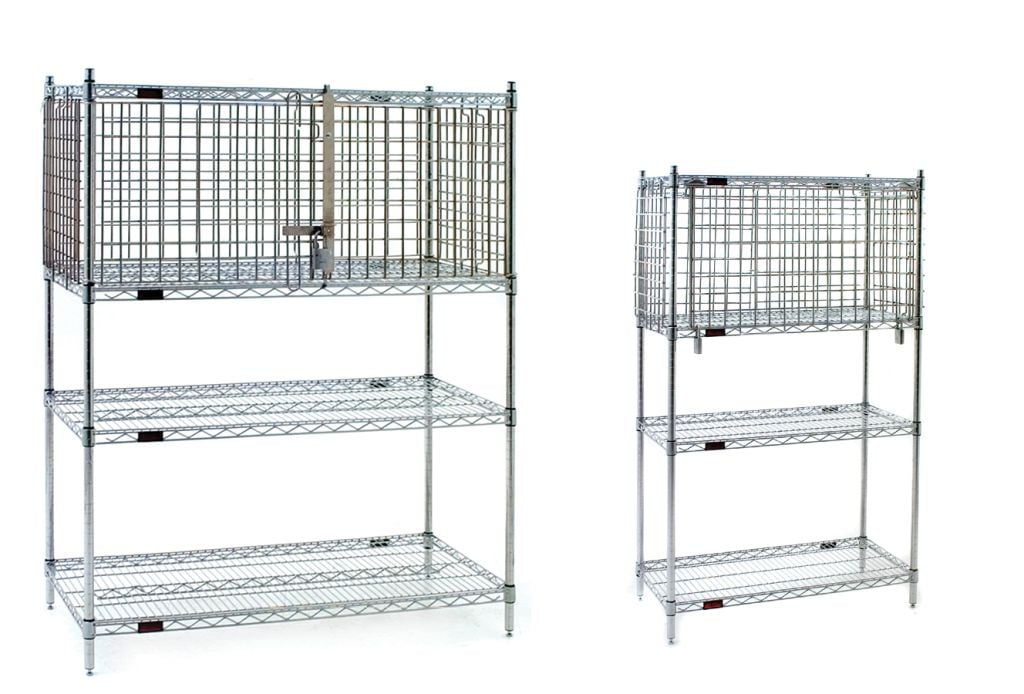 Lockable security module converting part of a lab shelving unit into enclosed storage