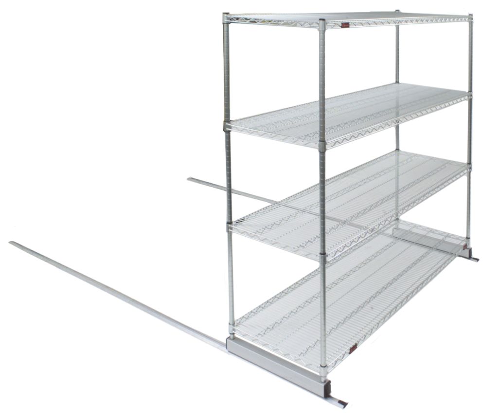 Single deep high density mobile shelving track system for laboratory storerooms