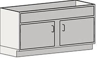 Sitting-height lab sink base cabinet with partial back panel for plumbing