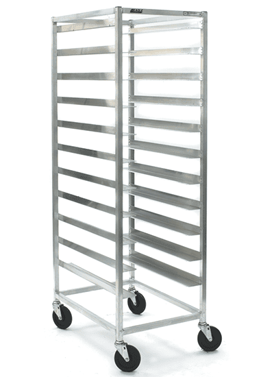 Combination rack carrying mixed tray and pan sizes on riveted aluminum gussets