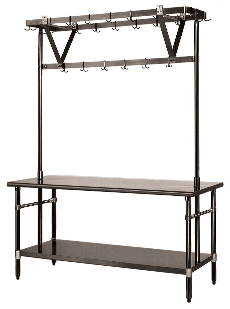 Table-mounted pot and utility rack with sliding pot hooks