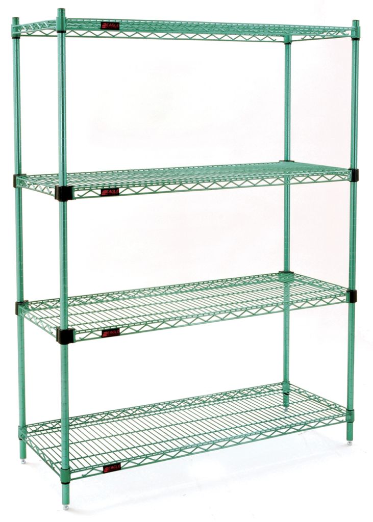 Wire shelving starter unit with numbered grooved posts and leveling feet