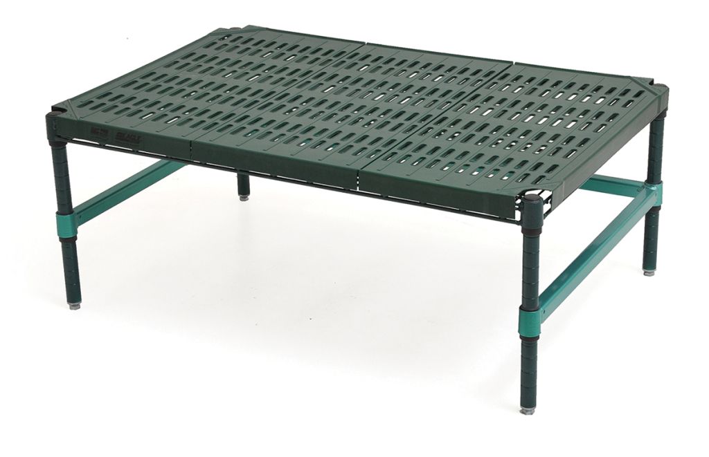 QuadPlus polymer dunnage rack with green louvered shelf mats